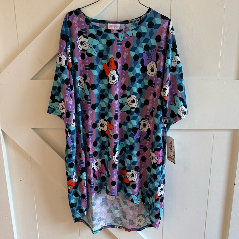 LuLaRoe Multicolor Abstract Irma Disney Minnie Mouse Top Small NWT